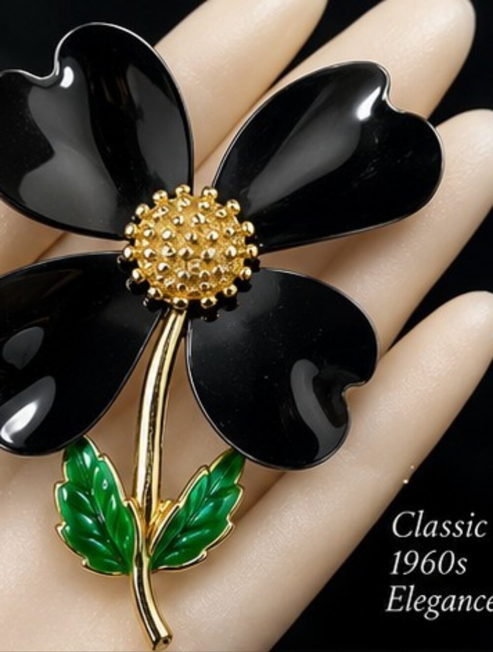 Vintage Sarah Coventry Dogwood Black Enamel Flower Brooch 1960s - Picture 2 of 11